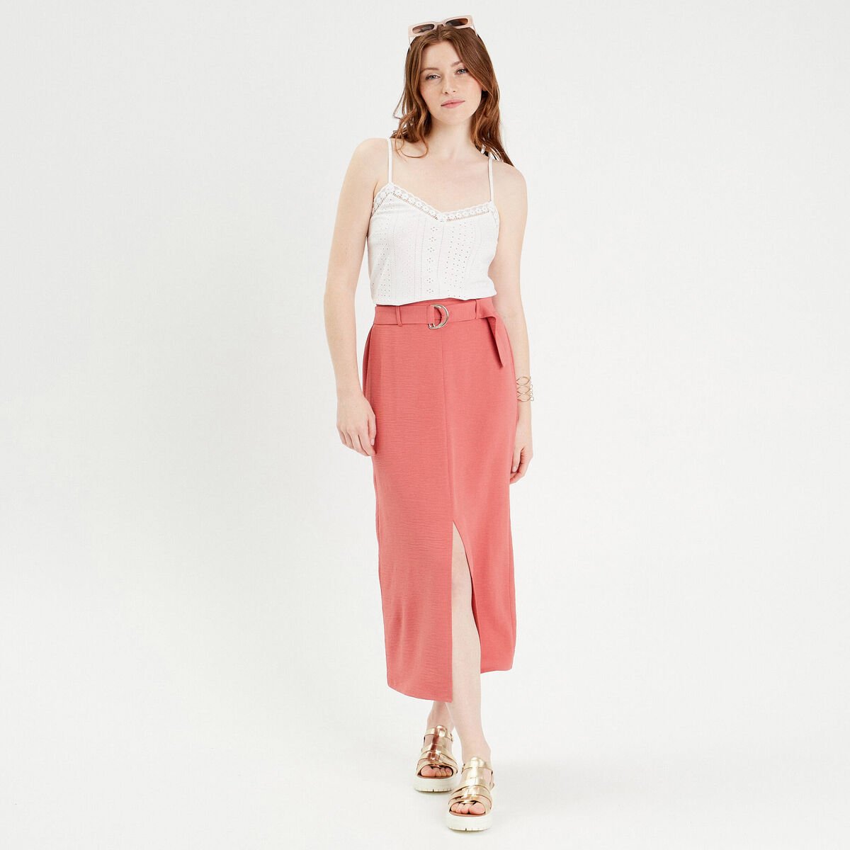 Jupe midi droite fendue vieux rose femme