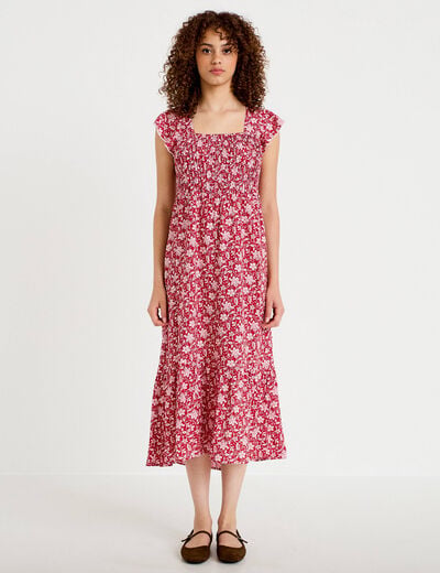 Robe longue &eacute;vas&eacute;e smock&eacute;e rouge femme