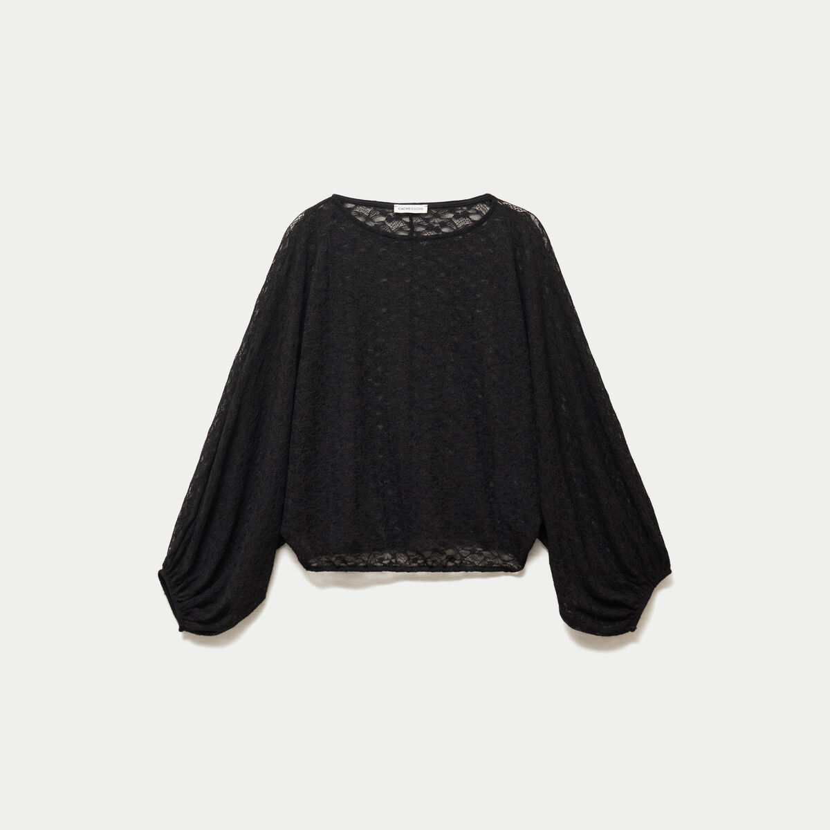 Blouse dentelle col rond manches longues noir femme