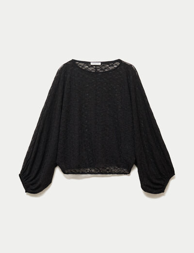 Blouse dentelle col rond manches longues noir femme