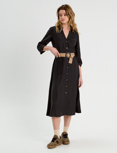 Robe longue évasée ceinturée noir femme