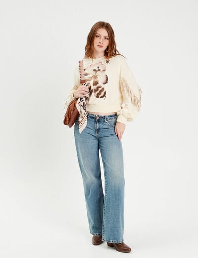 Sweat avec franges ecru femme