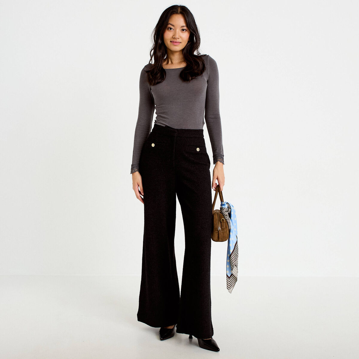 Pantalon bootcut en tweed noir femme