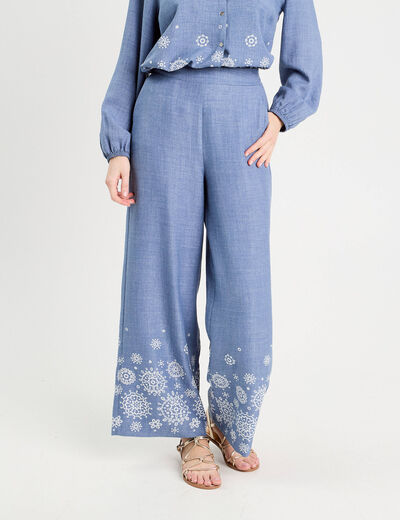 Pantalon large brodé bleu femme
