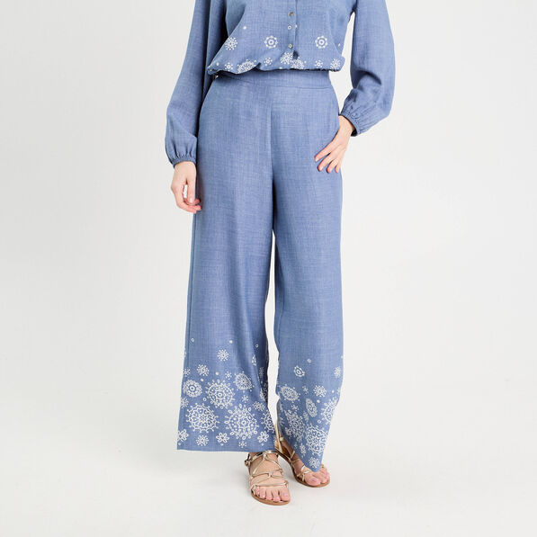 pantalon large brode bleu femme Pantalon large brodé bleu femme
