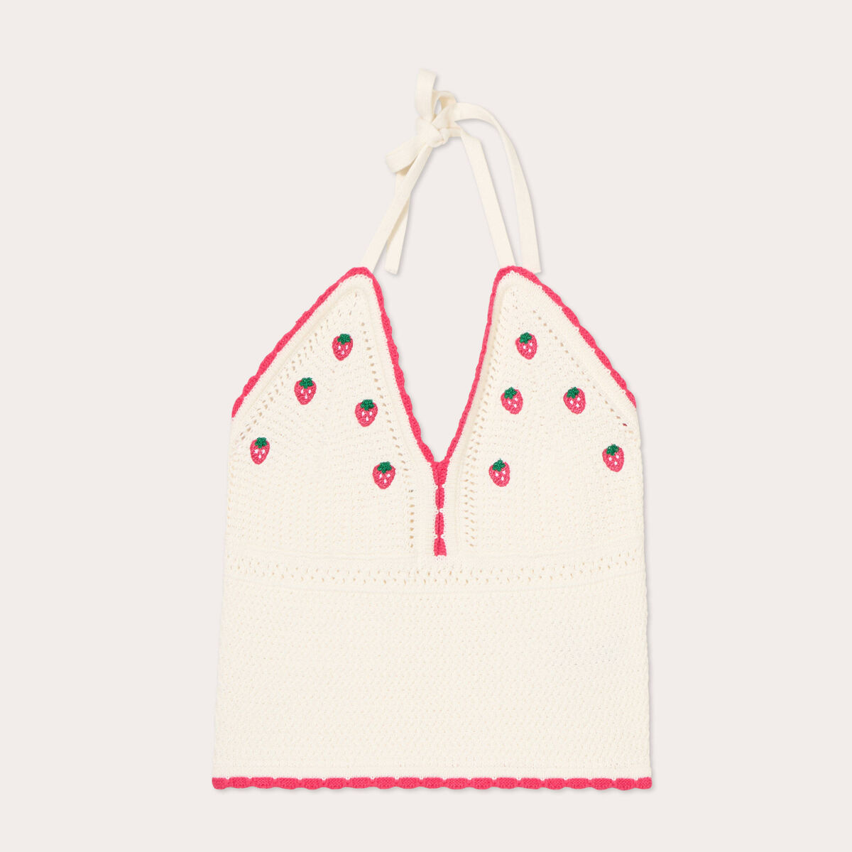 Crop top tricot brodé ecru femme