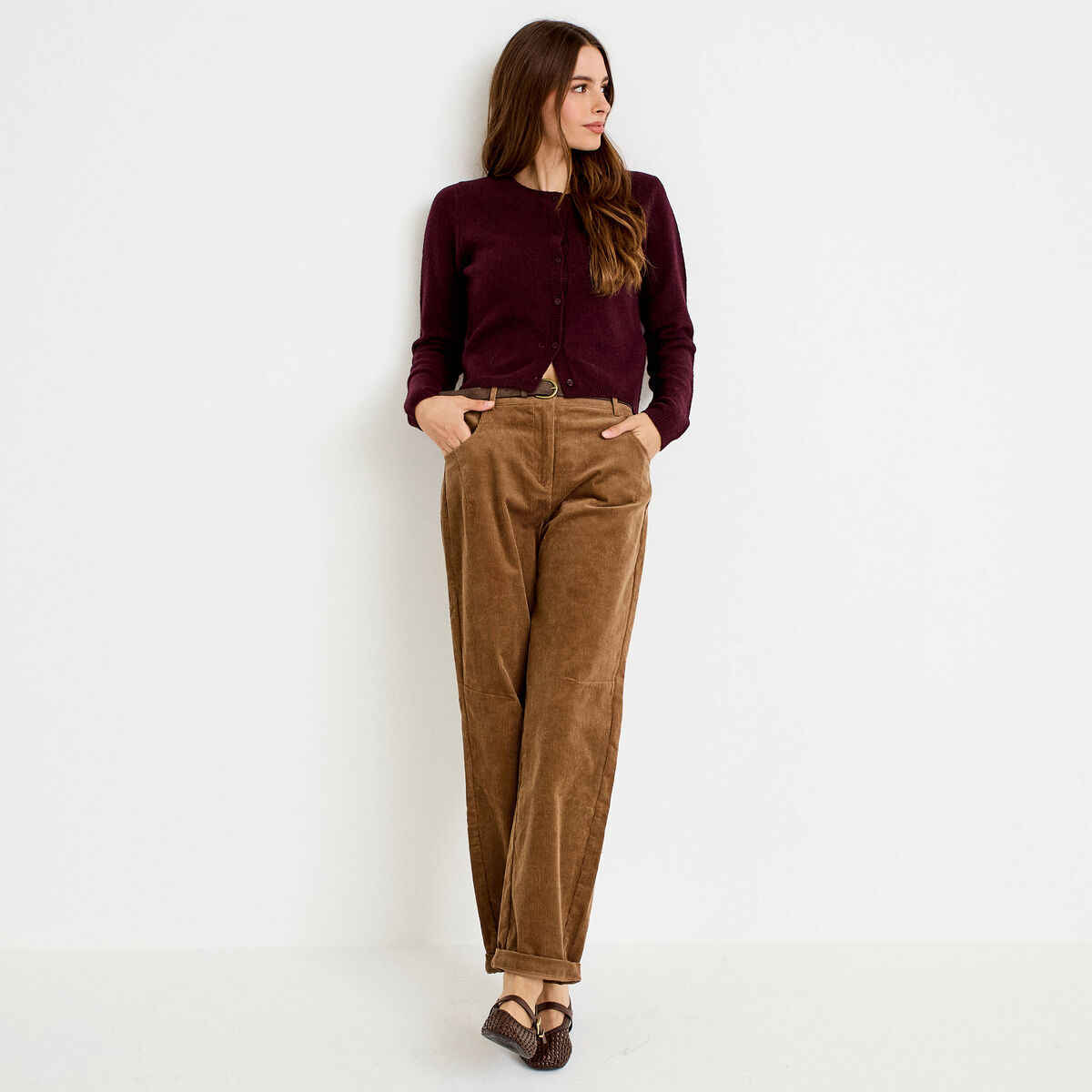 Pantalon barrel ceinture amovible taupe femme
