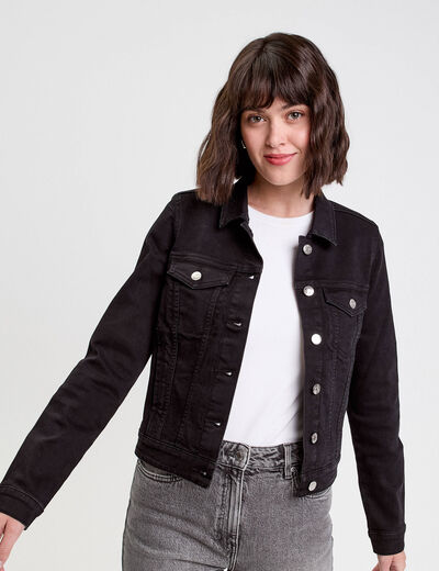 Veste droite boutonnée en jean noir femme