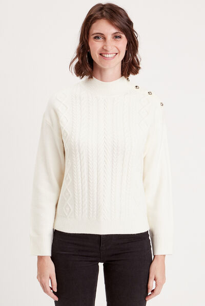 Pull col montant avec torsades ecru femme