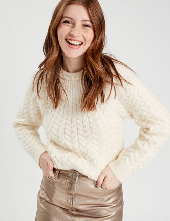 Pull avec torsades ecru femme