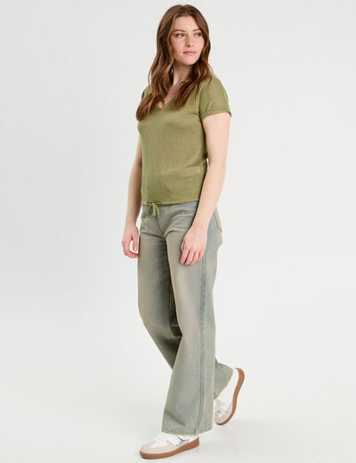 T-shirt détail noeud vert kaki femme