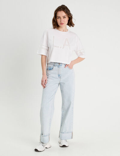T-shirt cropped brodé blanc femme