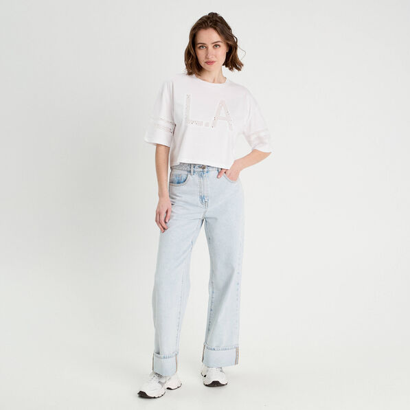 T-shirt cropped brodé blanc femme