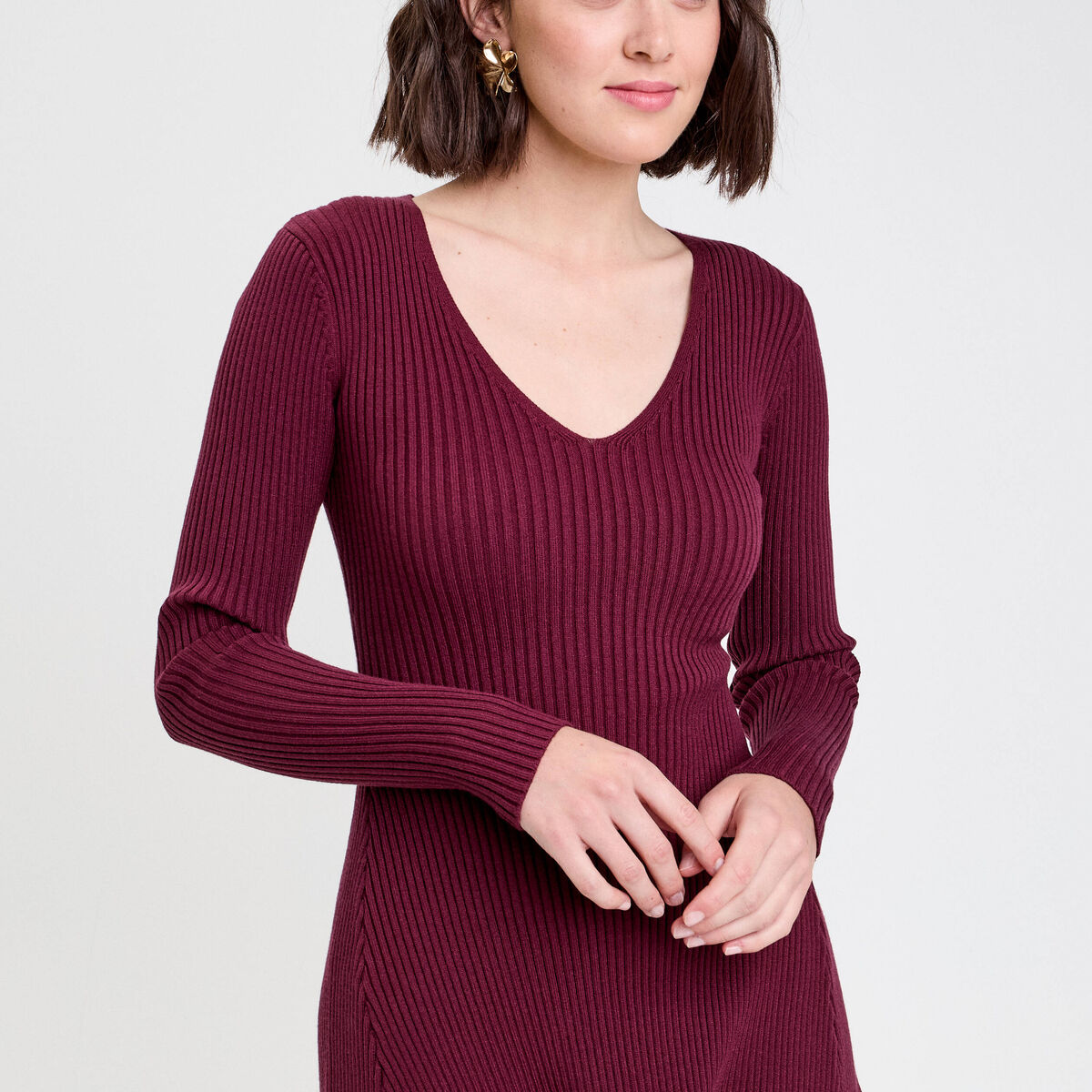 Robe tricot patineuse c&ocirc;tel&eacute;e bordeaux femme