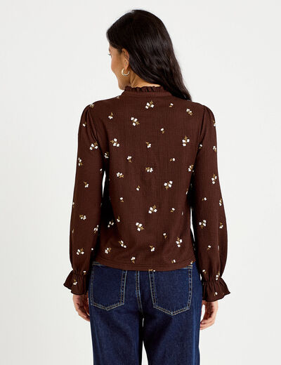 Chemise droite broderie manches longues marron fonc&eacute; femme