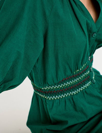Robe &eacute;vas&eacute;e broderie col chemise vert fonc&eacute; femme