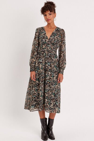 Robe midi évasée col en V noir femme