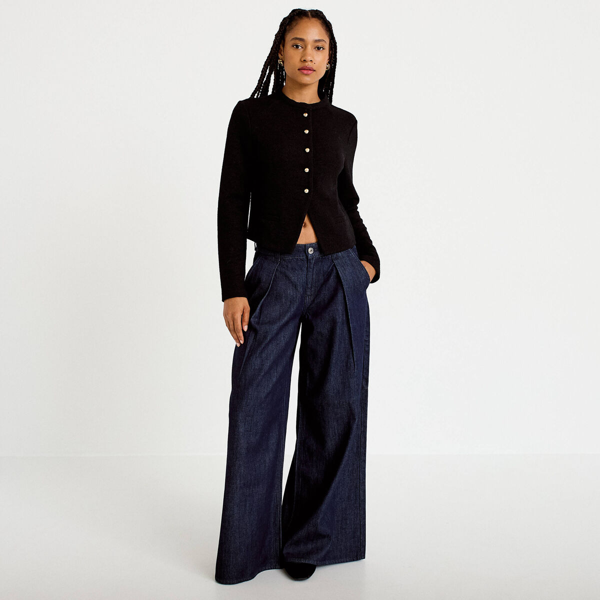 Gilet tweed droit cropped col rond noir femme