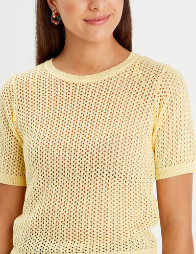 Pull manches courtes ajouré jaune moutarde femme