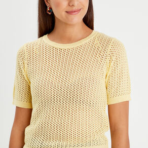 pull manches courtes ajoure jaune moutarde femme Pull manches courtes ajouré jaune moutarde femme