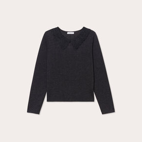 T-shirt col claudine macramé gris foncé femme