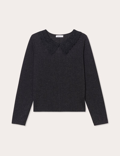T-shirt col claudine macramé gris foncé femme