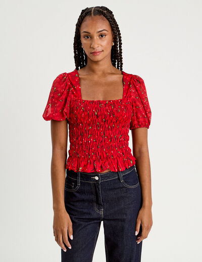 Blouse manches courtes smockée blanc femme