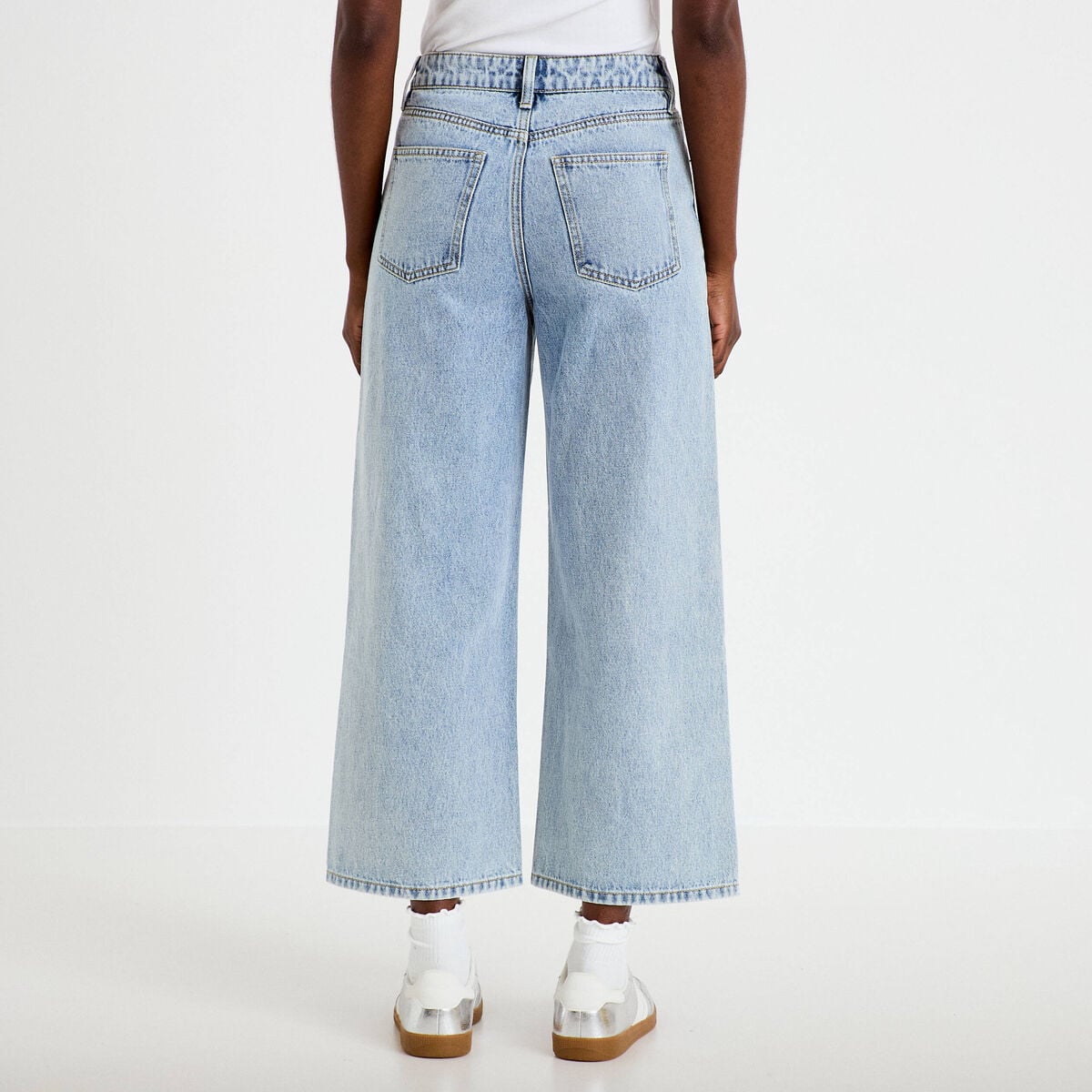 Jean wide leg cropped taille standard denim bleach femme
