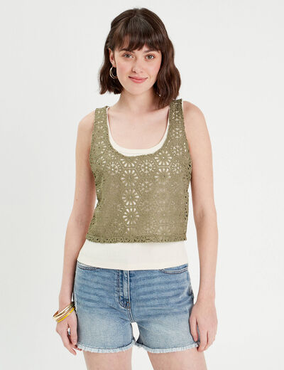 Débardeur 2-en-1 crochet vert kaki femme