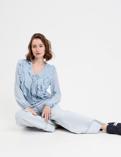 Blouse manches longues aspect dentelle bleu clair femme