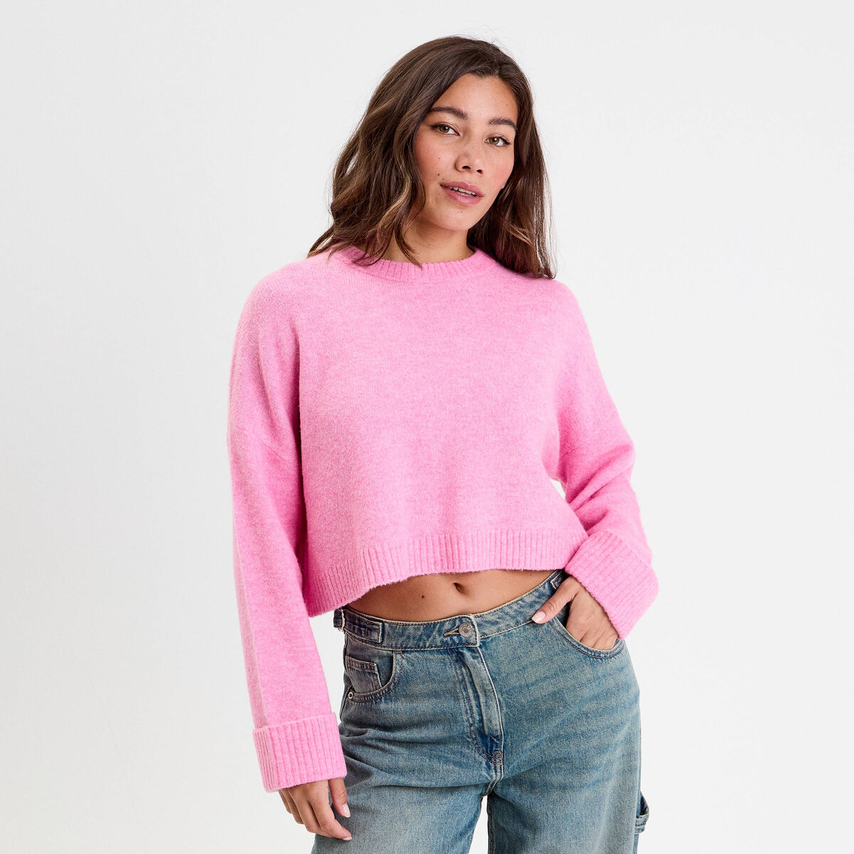 Pull cropped manches longues rose femme