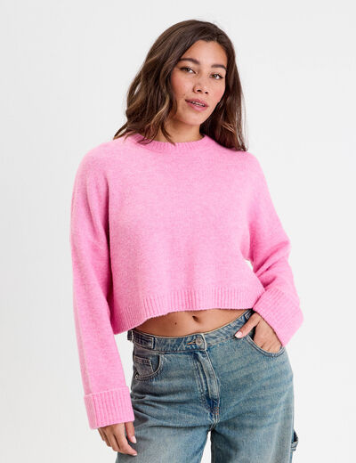 Pull cropped manches longues rose femme
