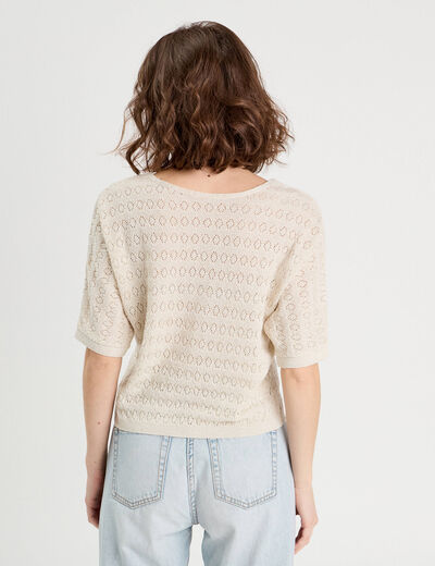 Pull ajouré manches 3/4 ecru femme