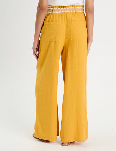 Pantalon large ceinturé contenant du lin jaune citron femme