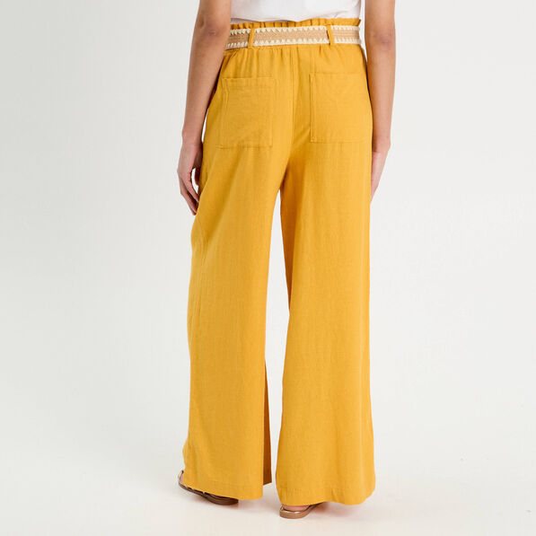 pantalon large ceinture contenant du lin jaune citron femme Pantalon large ceinturé contenant du lin jaune citron femme