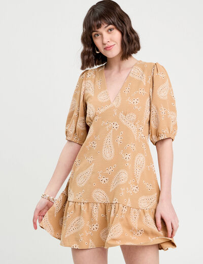 Robe évasée manches courtes camel femme