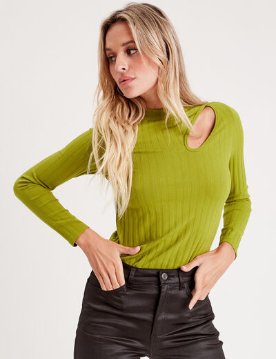 T-shirt côtelé avec ouverture vert anis femme