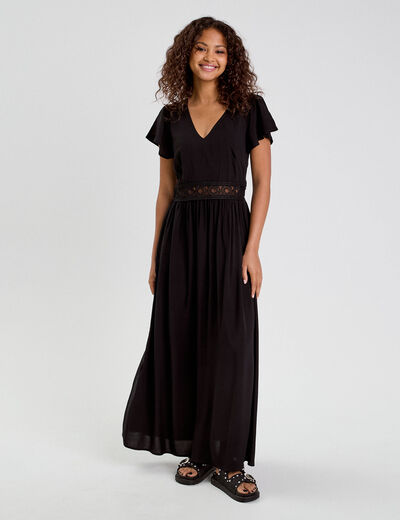 Robe longue évasée noir femme