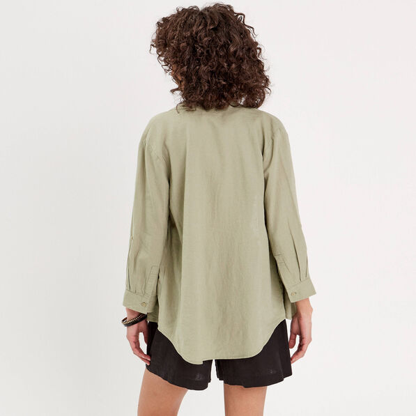 chemise manches 34 contenant du lin vert kaki femme Chemise manches 3/4 contenant du lin vert kaki femme