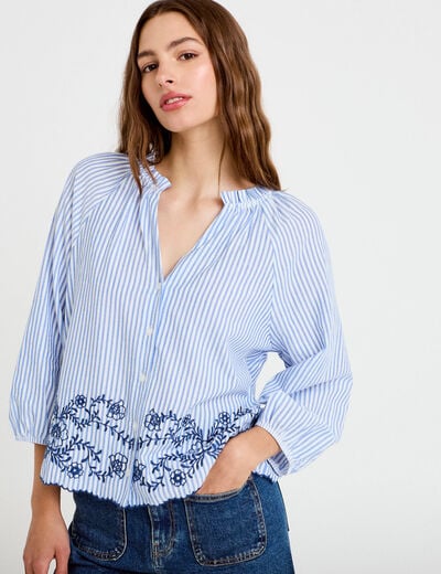 Blouse col v manches 3/4 brod&eacute;e bleu marine femme