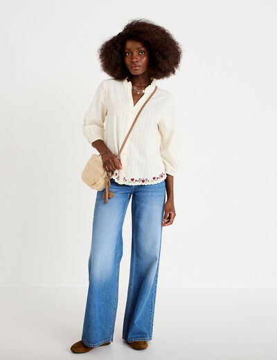 Jean wide leg taille basse broderie denim stone femme