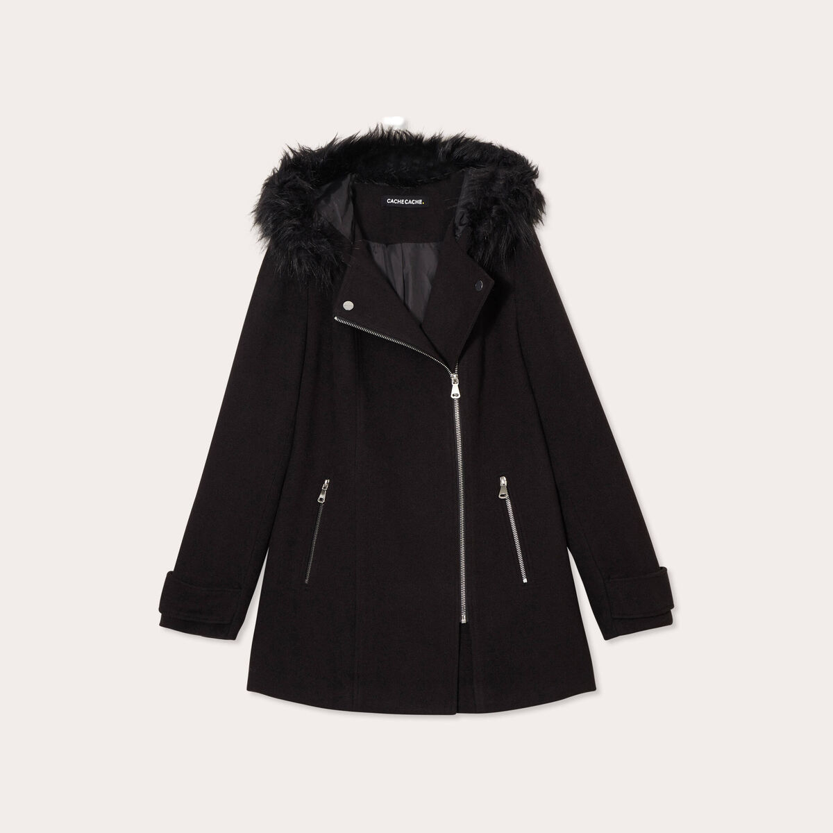 Manteau droit avec capuche noir femme