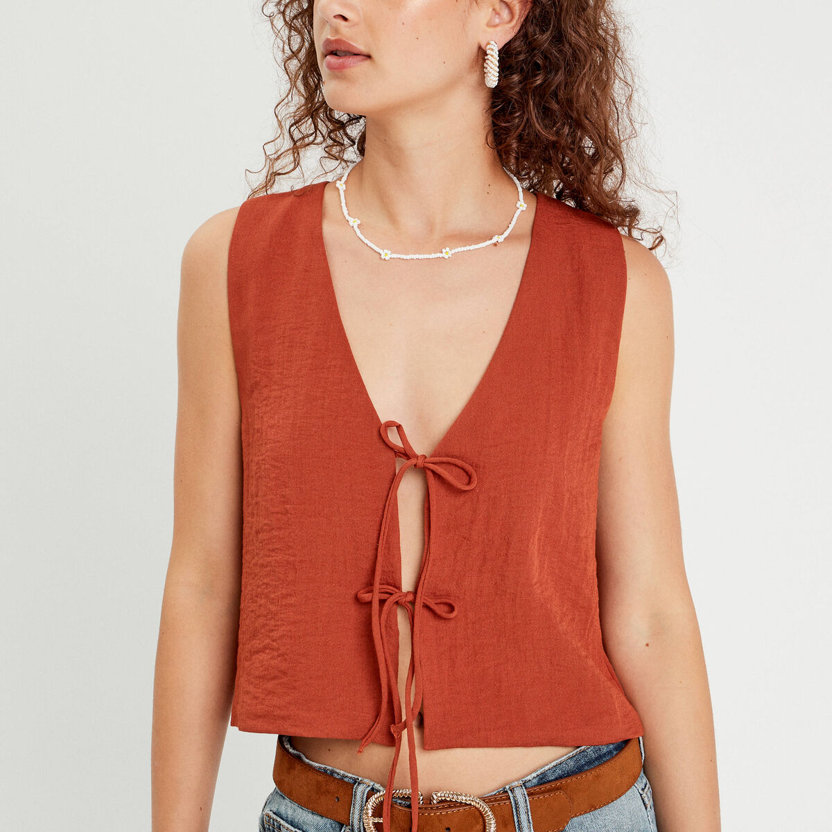 Gilet sans manches noué vieux rose femme