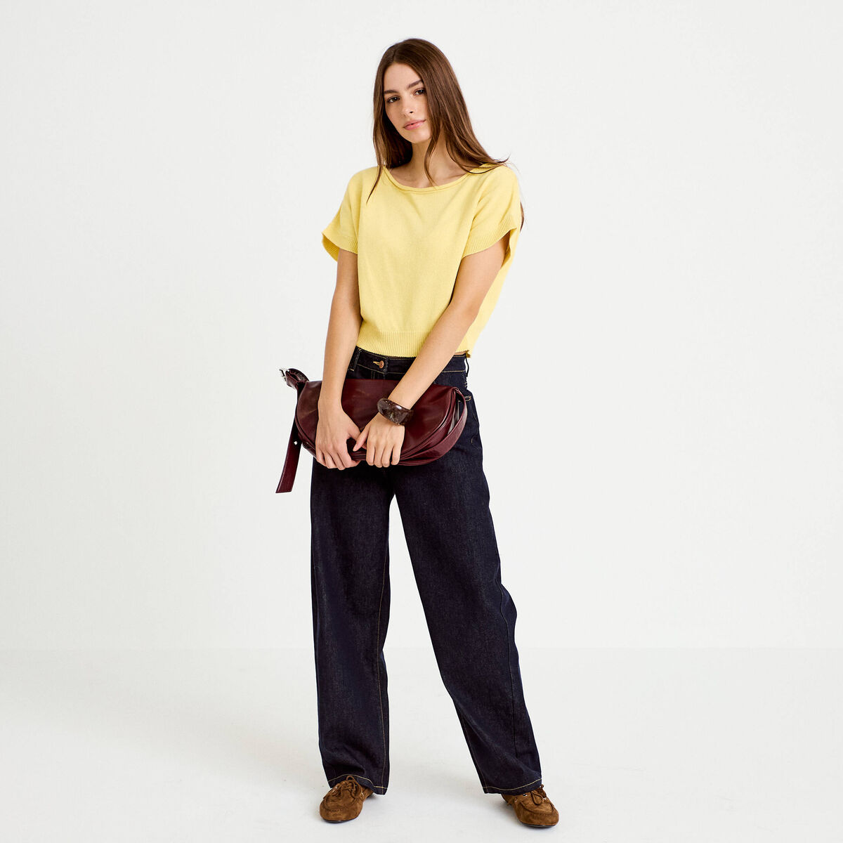 Pull ample cropped manches courtes jaune pastel femme