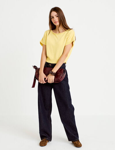 Pull ample cropped manches courtes jaune pastel femme
