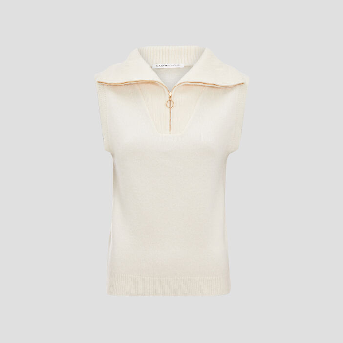 Pull débardeur avec col zippé ecru femme
