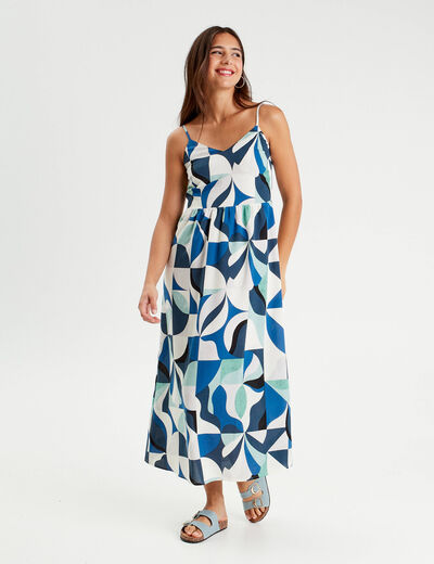 Robe longue évasée fluide bleu femme