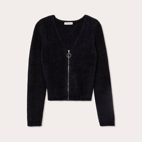 Gilet zippé mailles duveteuses noir femme