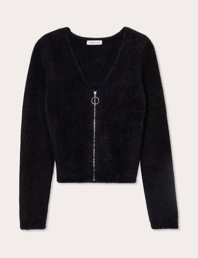Gilet zippé mailles duveteuses noir femme