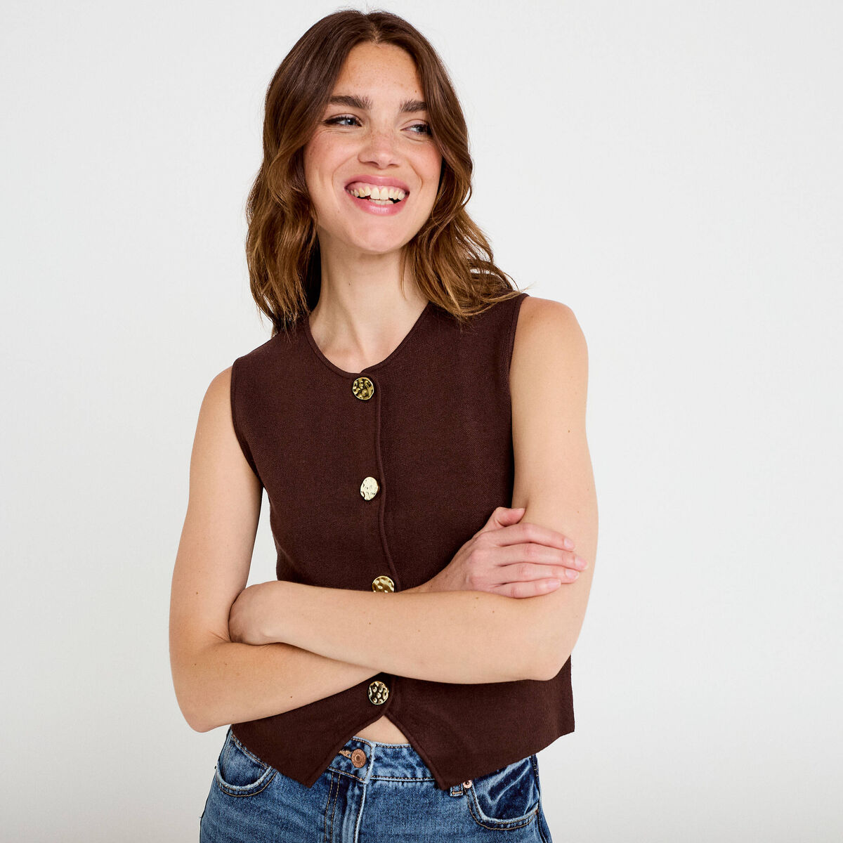 Gilet sans manches cropped marron fonc&eacute; femme